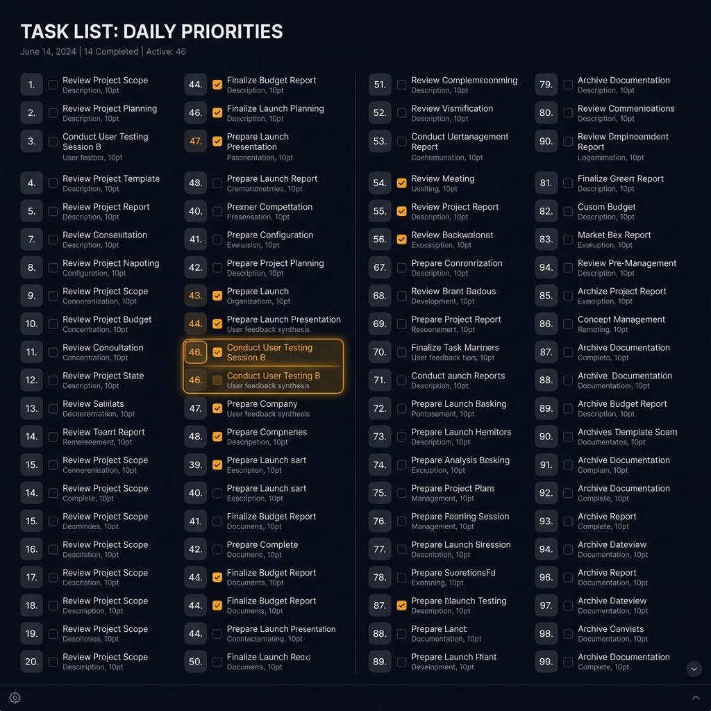 99Tasks task management interface showing compact numbered task list on dark background