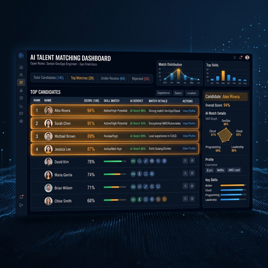 AutoRehire AI hiring platform dashboard showing candidate pipeline and automated screening workflow