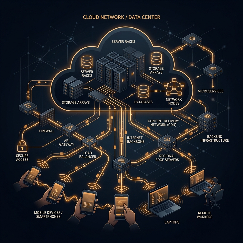 Cloud infrastructure diagram showing load balancing, auto-scaling, CDN, and database layers