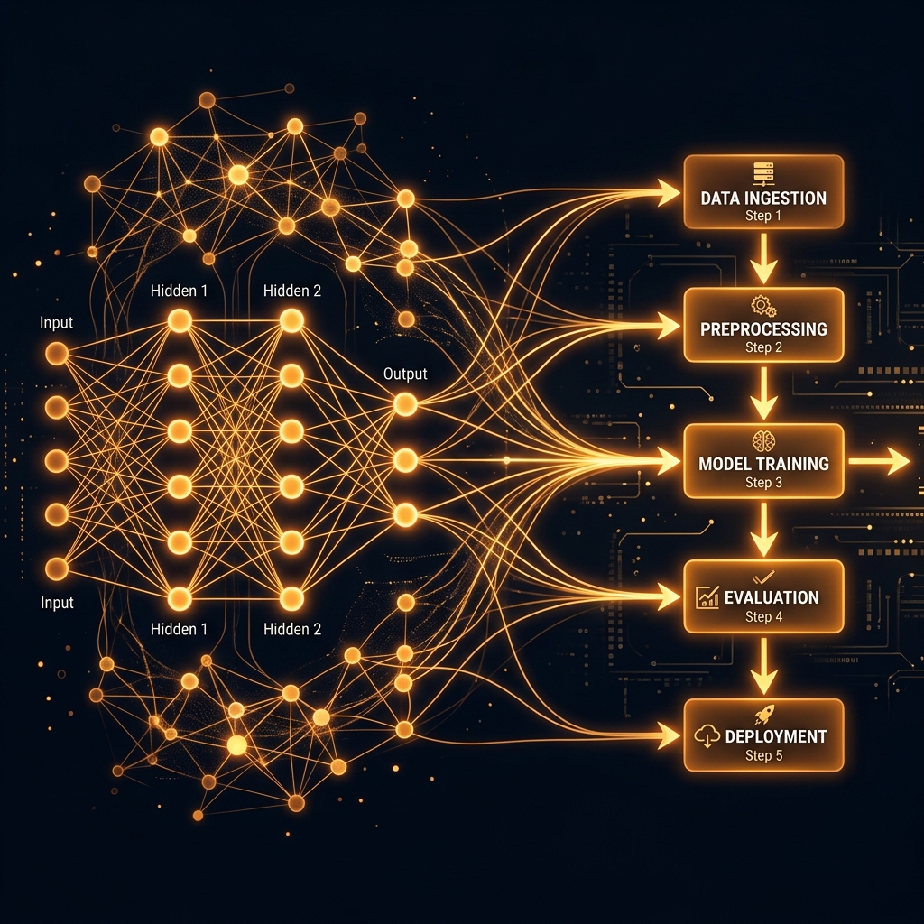 AI workflow diagram showing data ingestion, model pipeline, decision logic, and output integration