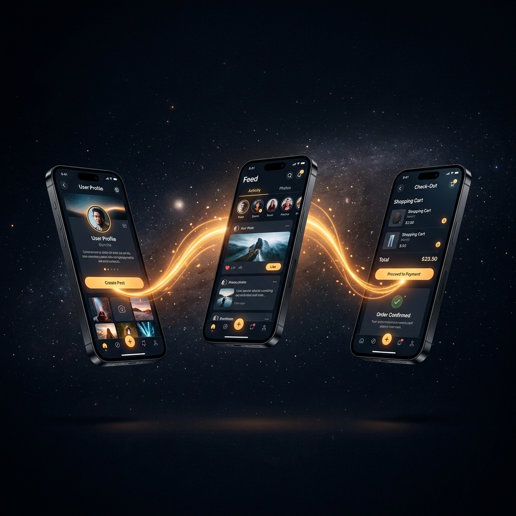 Mobile app development lifecycle showing design, development, testing, and app store deployment