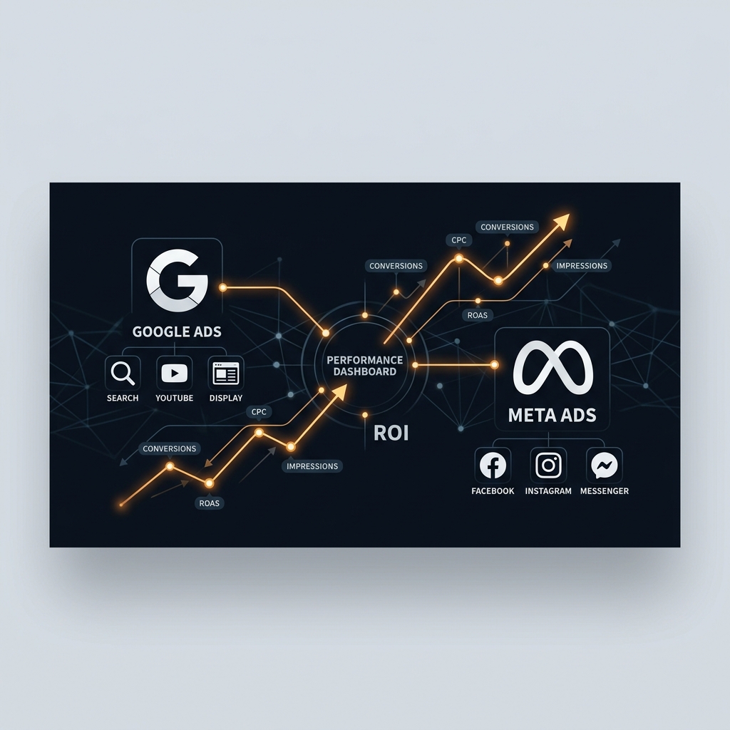 Performance marketing dashboard showing ad spend allocation, conversion metrics, and ROAS funnel